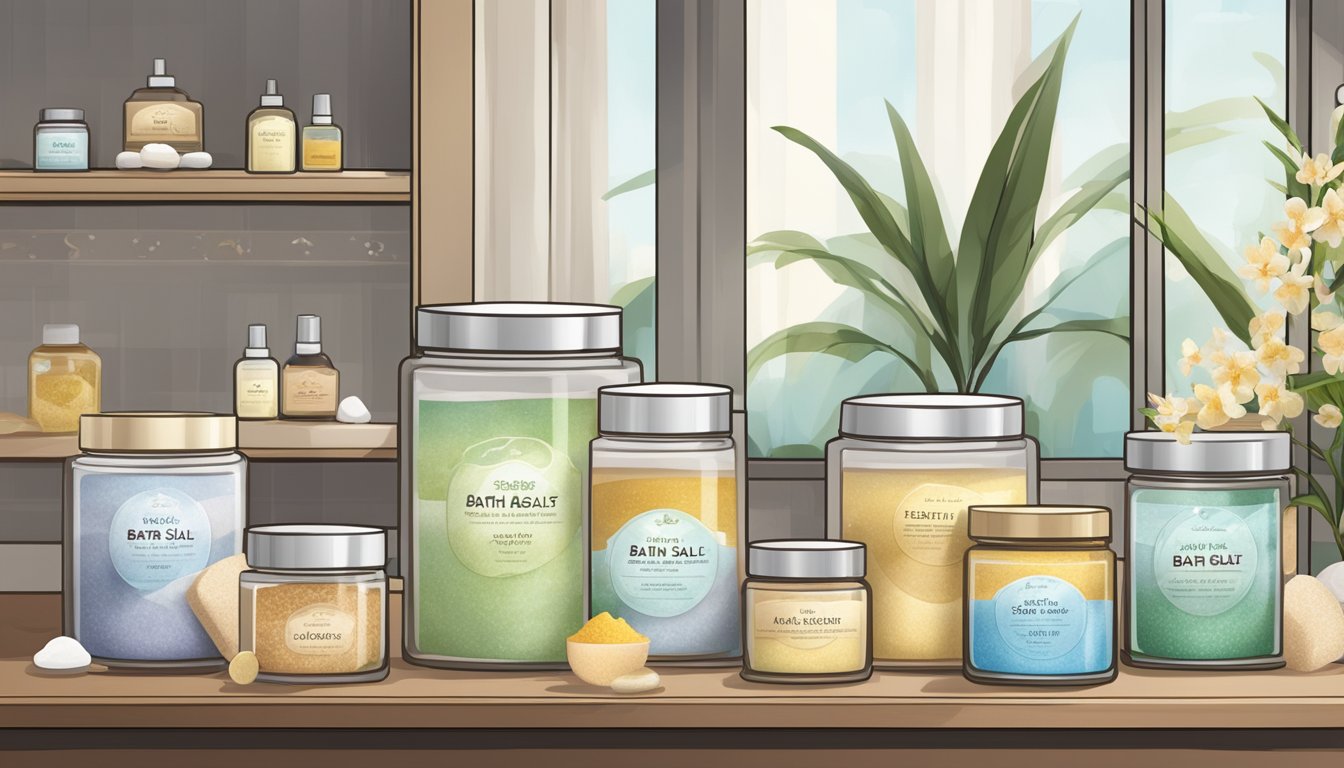 A display of various bath salt products with labels indicating benefits and a selection guide, set against a backdrop of a serene spa environment. Available for purchase in Singapore
