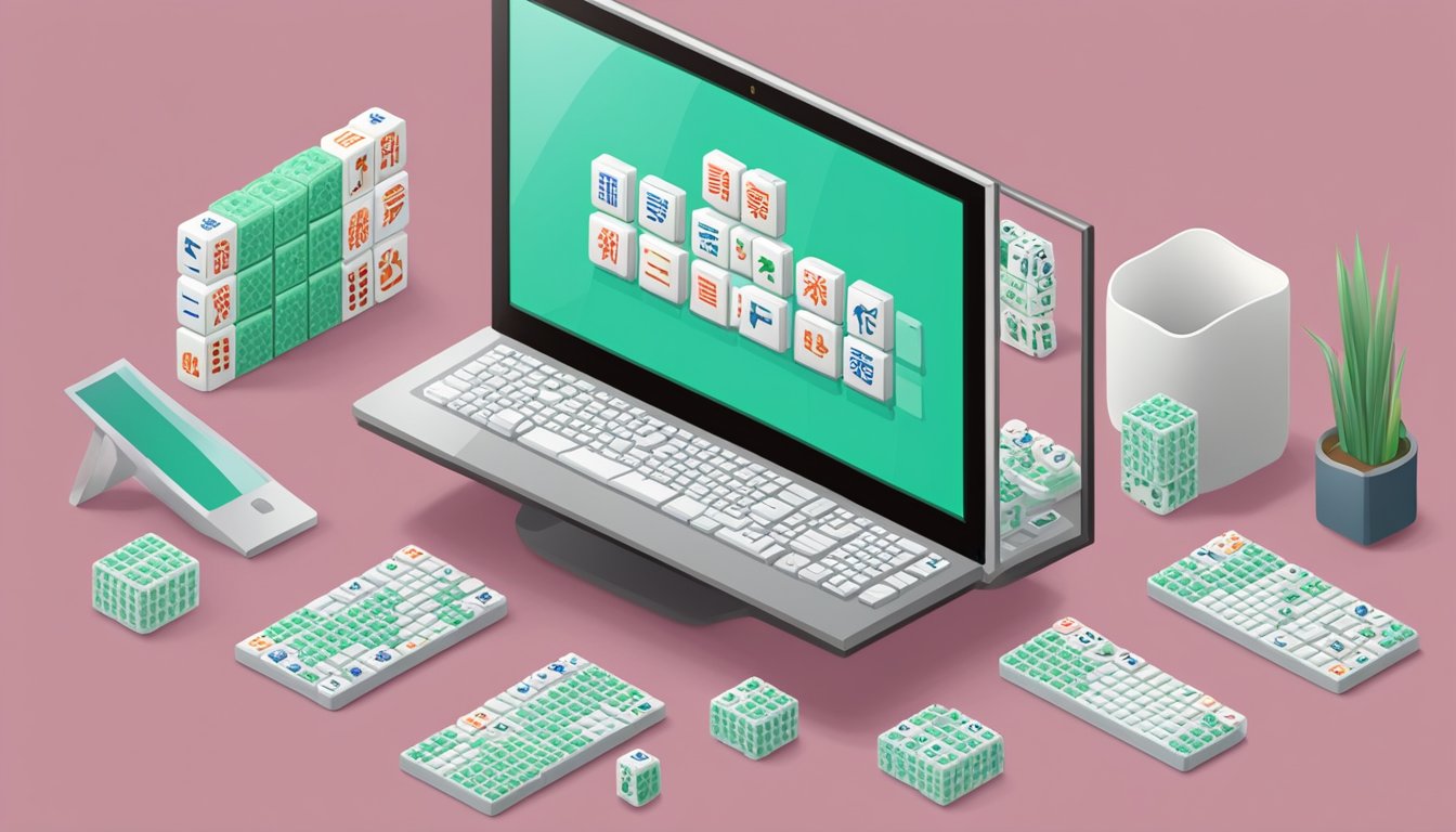 A computer screen displaying a website with "Mahjong Buy Online" in large, bold letters. Various mahjong sets and accessories are arranged neatly on a table next to the computer