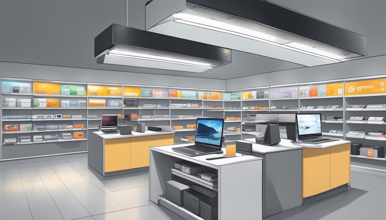 A bustling electronic store in Singapore displays a variety of Fujitsu laptops on sleek, modern shelves, with bright overhead lighting and a clean, minimalist aesthetic