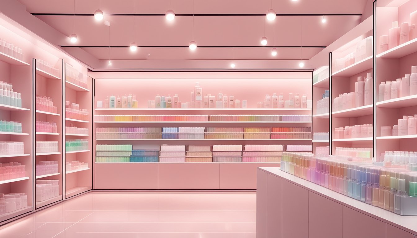 A sleek, modern beauty store in Singapore displays various shades of Glossier Cloud Paint on its shelves. Bright lighting highlights the minimalist packaging, drawing in customers with its trendy appeal