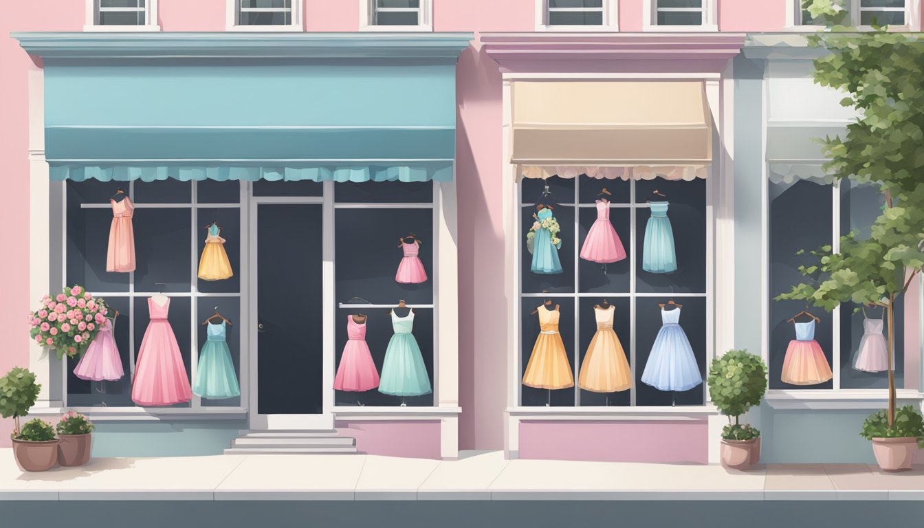 A row of elegant storefronts displaying beautiful flower girl dresses in various styles and colors. Bright signage and window displays draw in potential customers