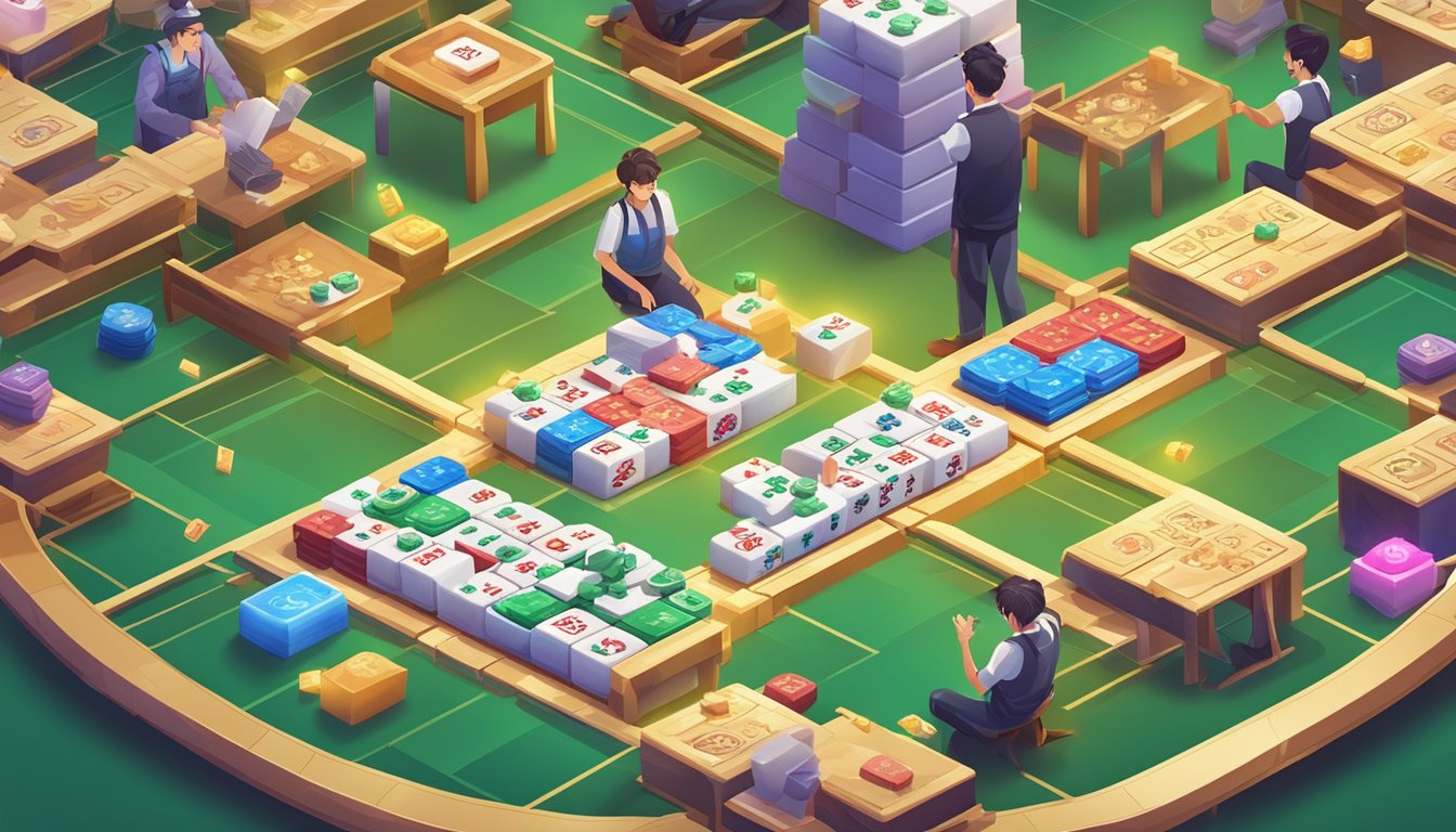 Players clicking and tapping on colorful mahjong tiles, surrounded by virtual game boards and lively animations