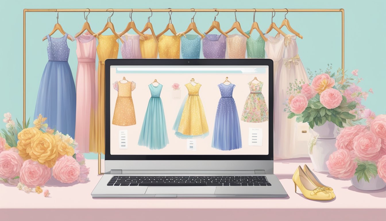 A computer screen displaying an online store with various flower girl dresses, a credit card, and a shipping address in Singapore