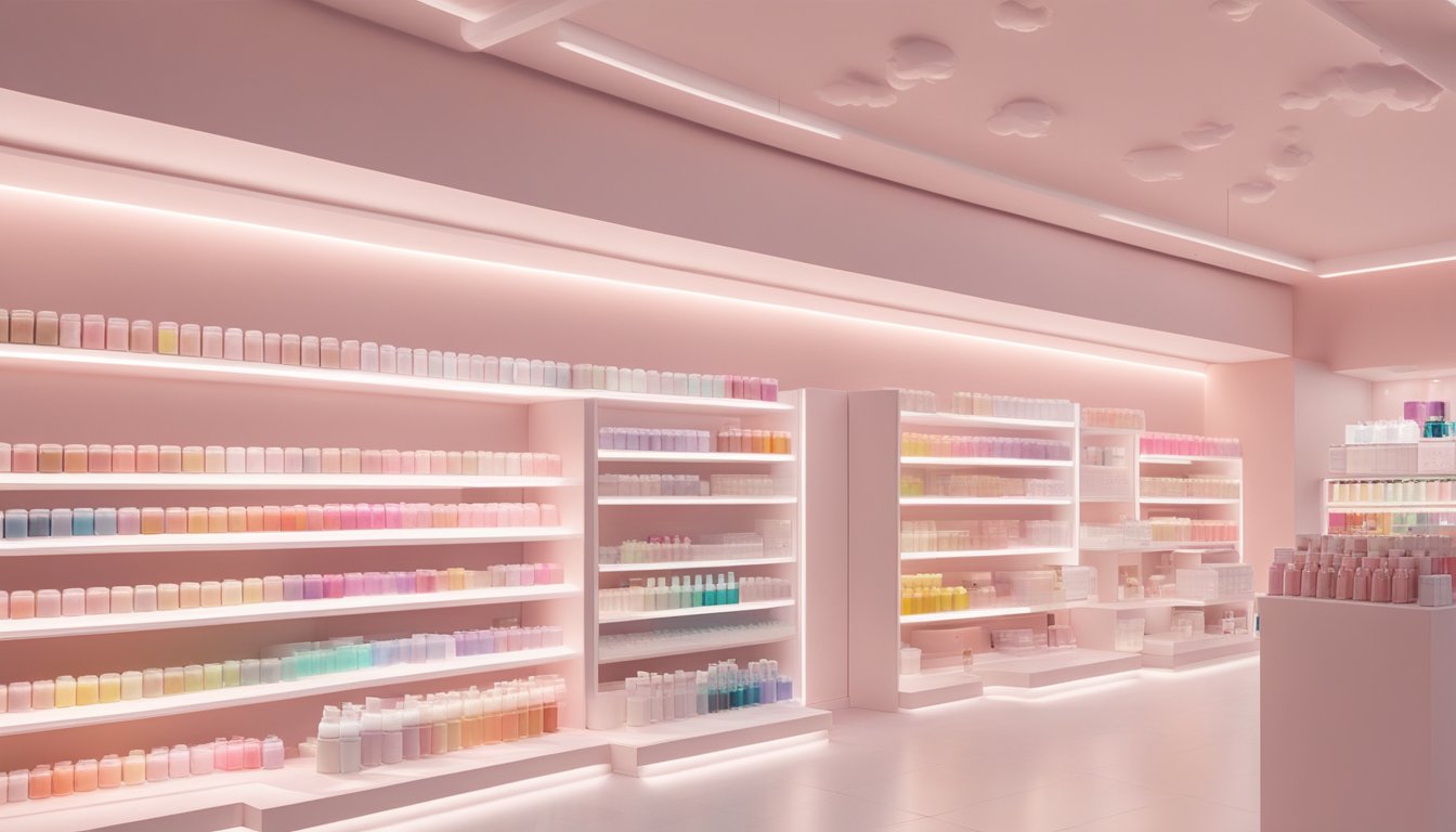 Glossier Cloud Paint displayed on shelves in a modern, minimalist beauty store in Singapore. Bright lighting highlights the various shades available for purchase