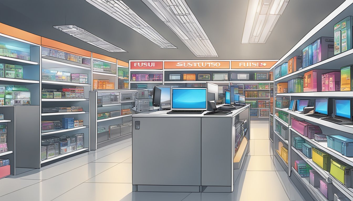 A bustling electronic store in Singapore displays a variety of Fujitsu laptops on sleek, modern shelves. Bright lights illuminate the products, drawing in potential buyers