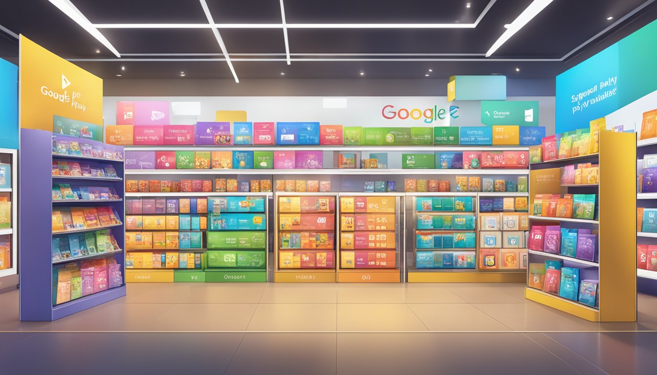 A brightly lit store display showcases Google Play cards in various denominations, with clear signage indicating availability for purchase in Singapore