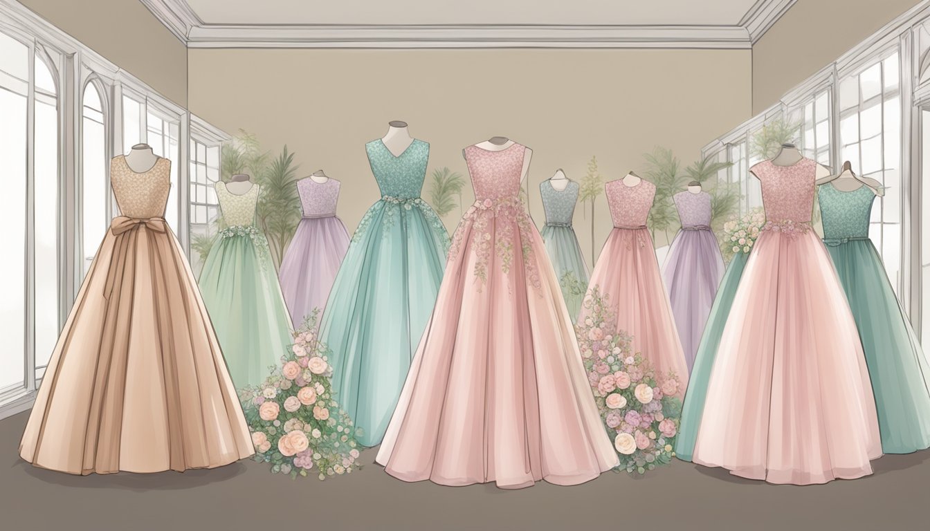 A display of elegant flower girl dresses in a boutique in Singapore, with various styles and colors showcased on mannequins or dress racks