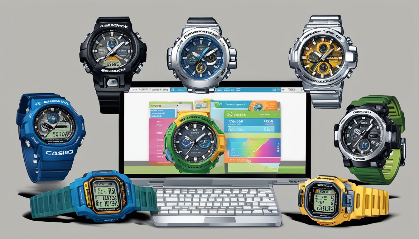 A computer screen displaying a website with a variety of Casio G Shock watches. A cursor hovers over the "buy" button