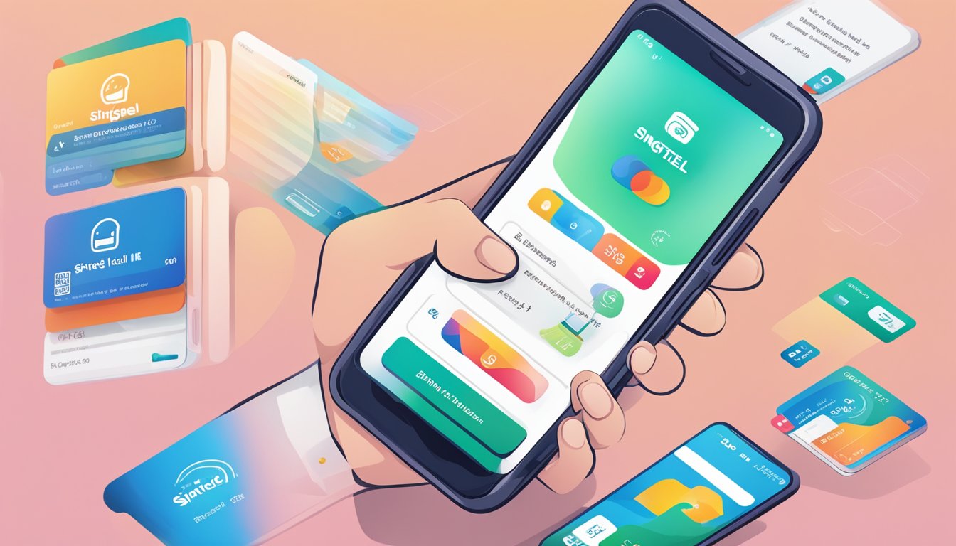 A hand holds a smartphone with the Singtel Hi Card website open. The screen displays the options to purchase and activate the card online