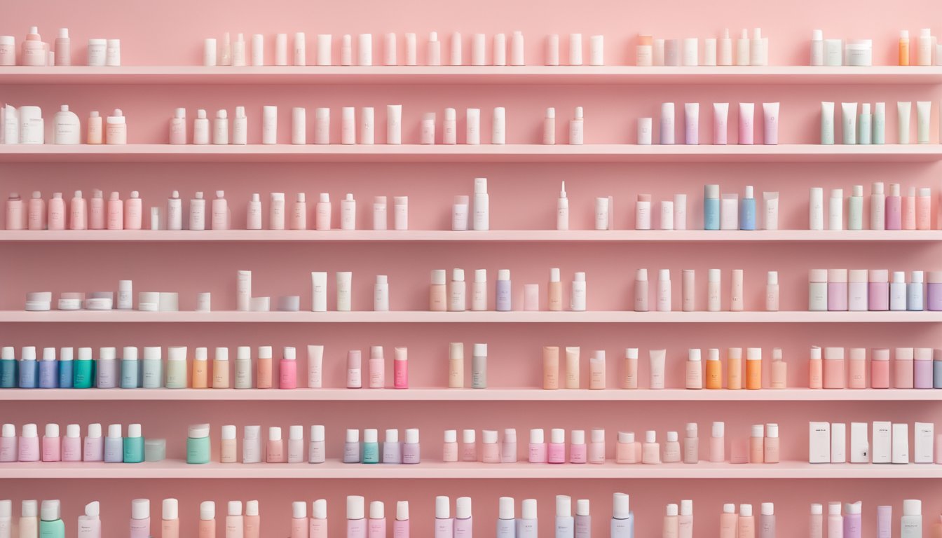 A vibrant display of Glossier Cloud Paint tubes on a sleek, minimalist shelf in a trendy Singaporean beauty store