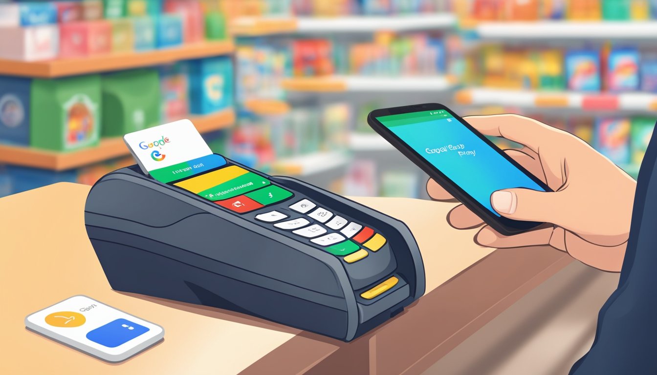 A hand holding a Google Play card in a Singapore store, with a cashier processing the transaction