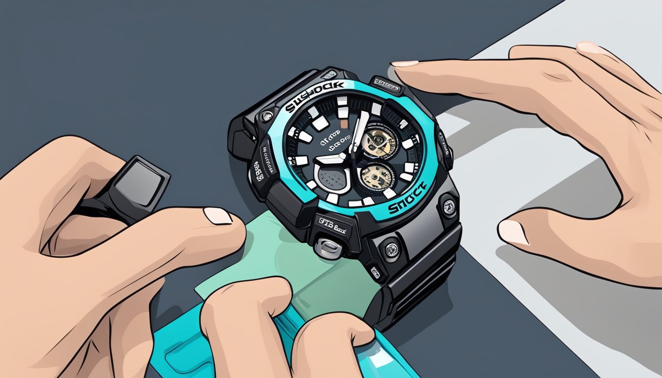 A hand reaches for a G-Shock watch on a sleek online shopping website. The page displays various models and colors to choose from