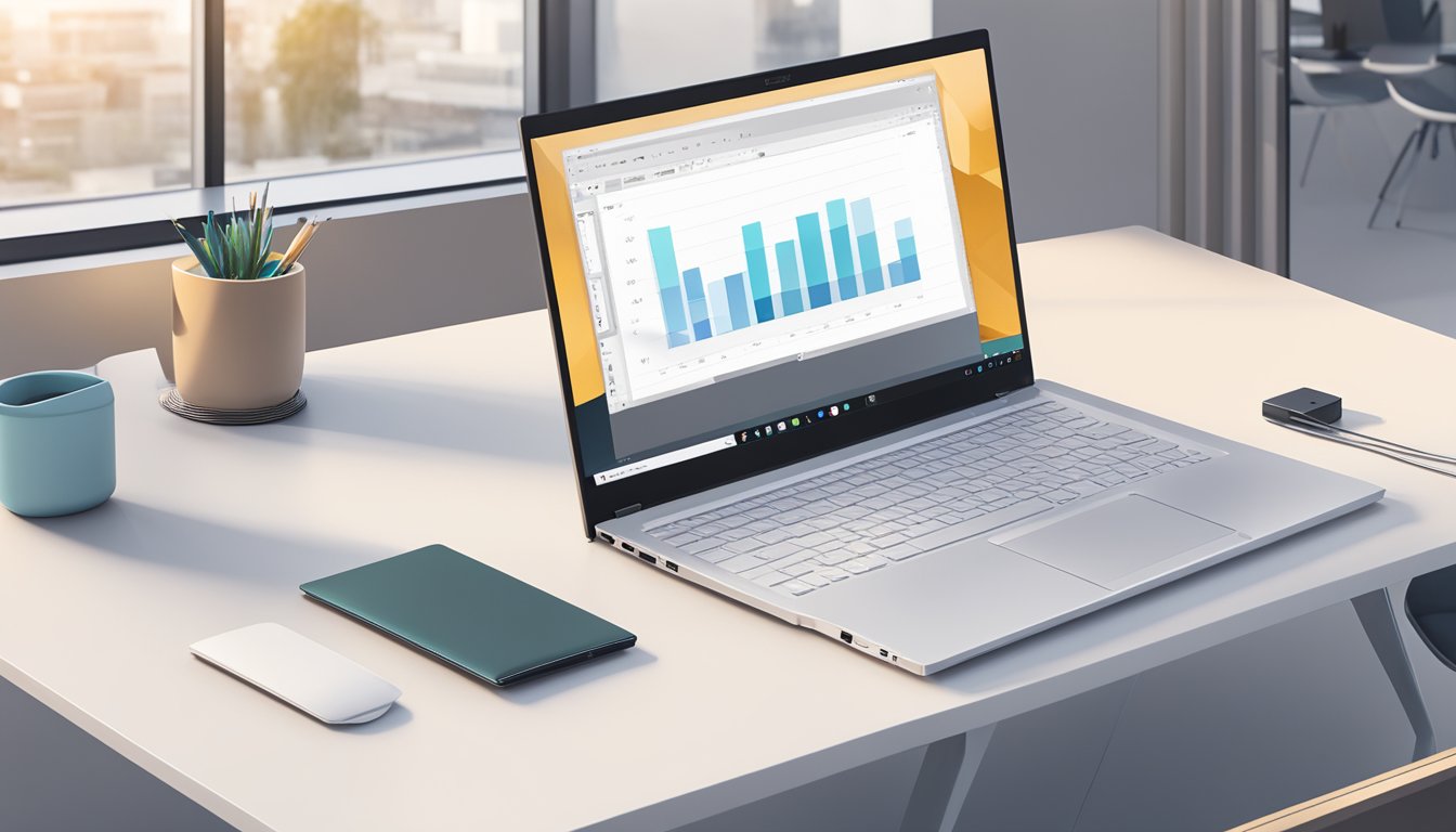 A sleek Fujitsu laptop sits on a modern desk, surrounded by minimalist office decor. The laptop's slim design and high-resolution screen are highlighted, with the brand logo visible
