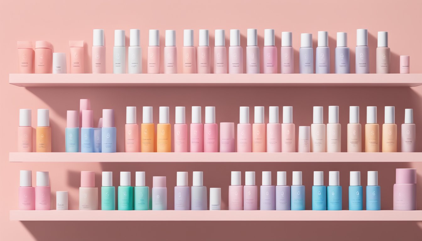 A colorful display of Glossier Cloud Paint tubes on a shelf in a Singaporean beauty store