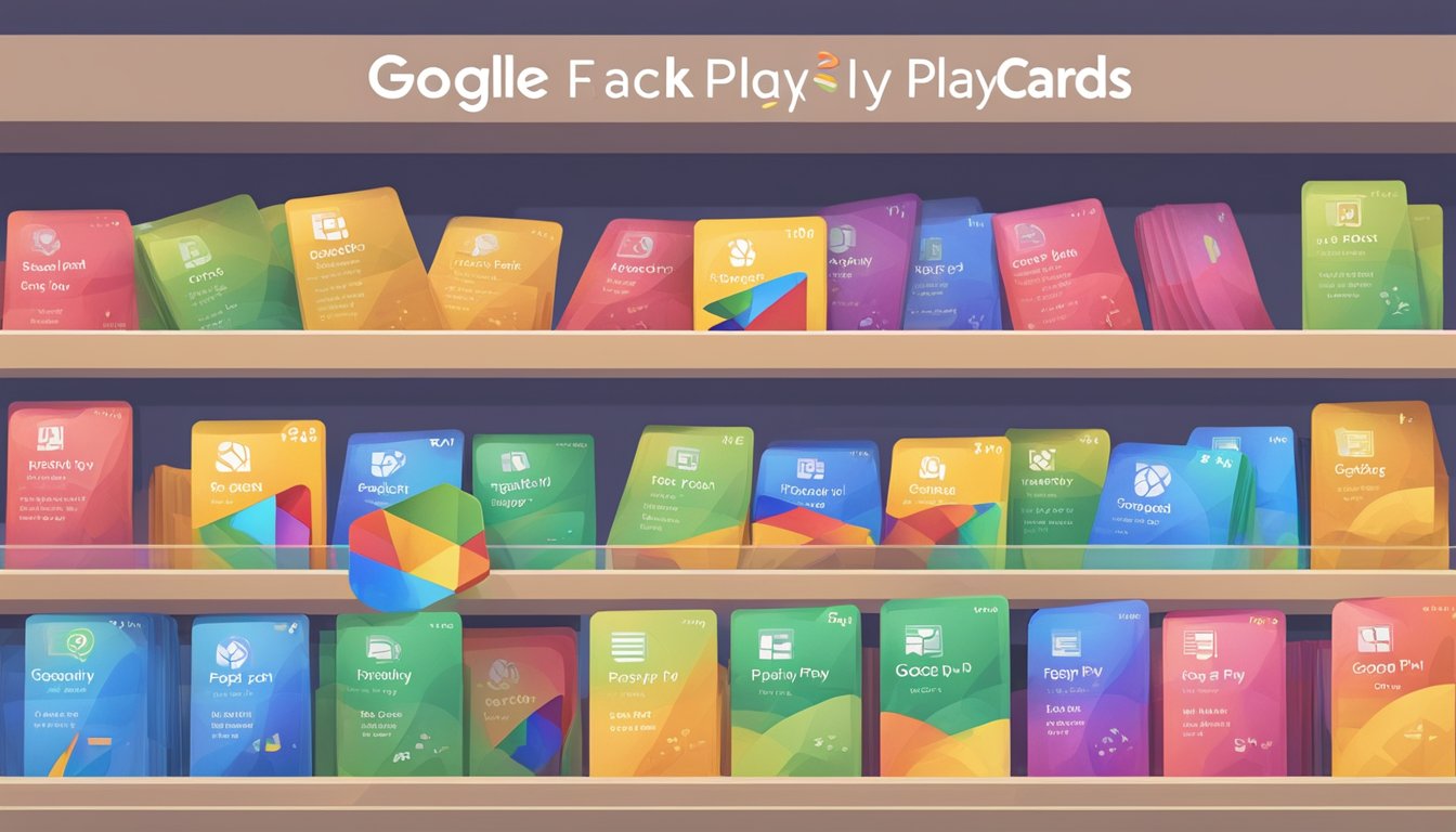 A stack of Google Play cards displayed at a Singapore store, with a sign indicating "Frequently Asked Questions: where to buy google play card singapore"