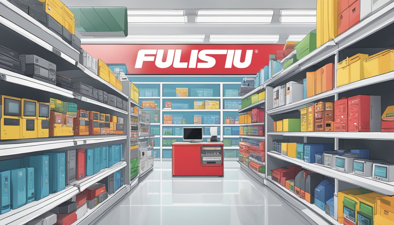 A laptop with the Fujitsu logo displayed prominently in a Singaporean electronics store, surrounded by shelves of other tech products