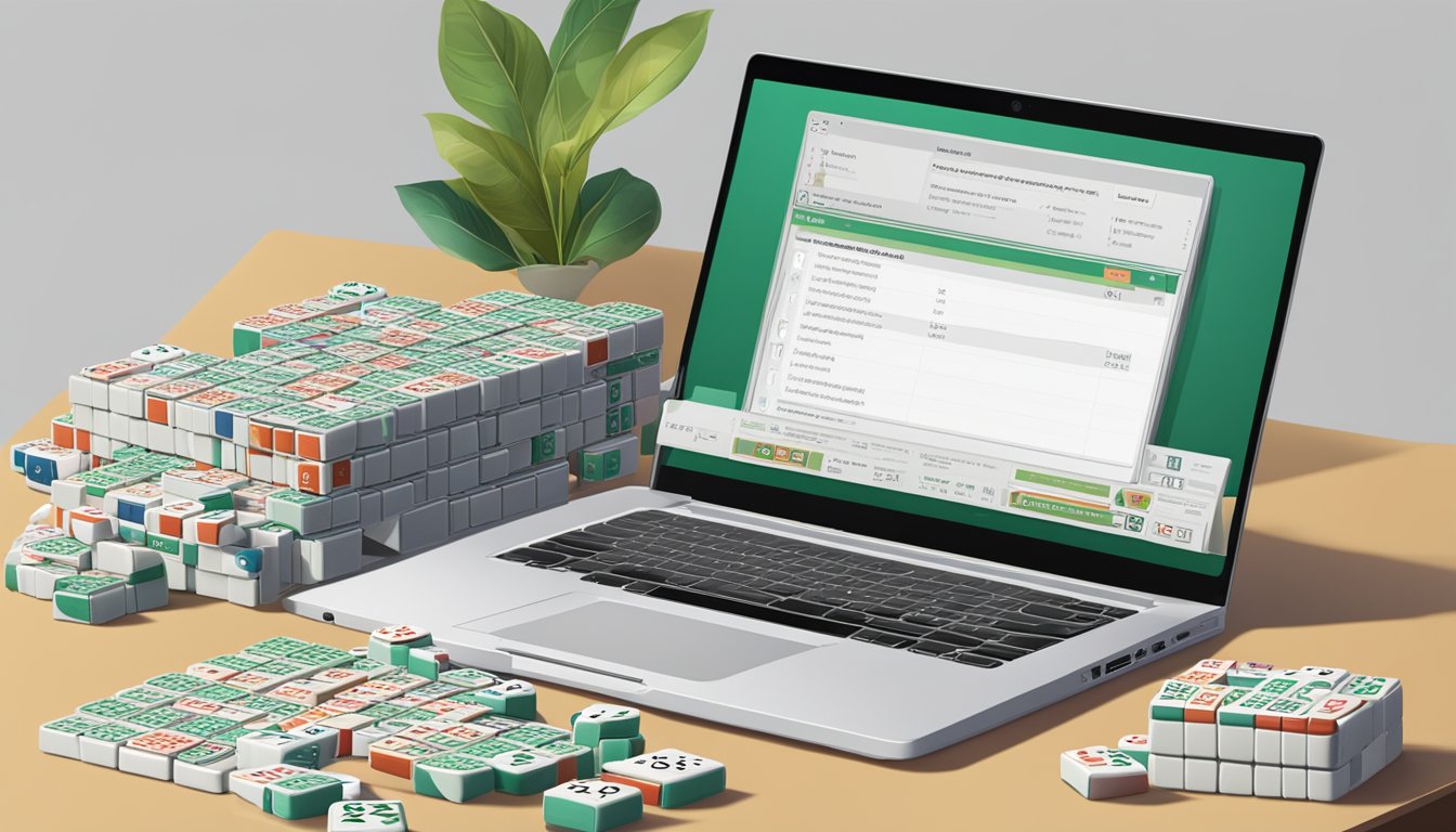 A laptop and a stack of mahjong tiles displayed on a table, with a "Frequently Asked Questions" page open on the screen