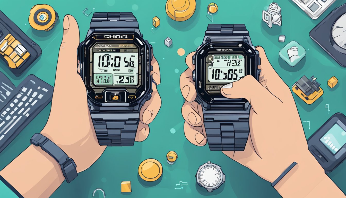 A hand holding a smartphone with a casio g shock watch on the screen, surrounded by icons representing smart features and connectivity