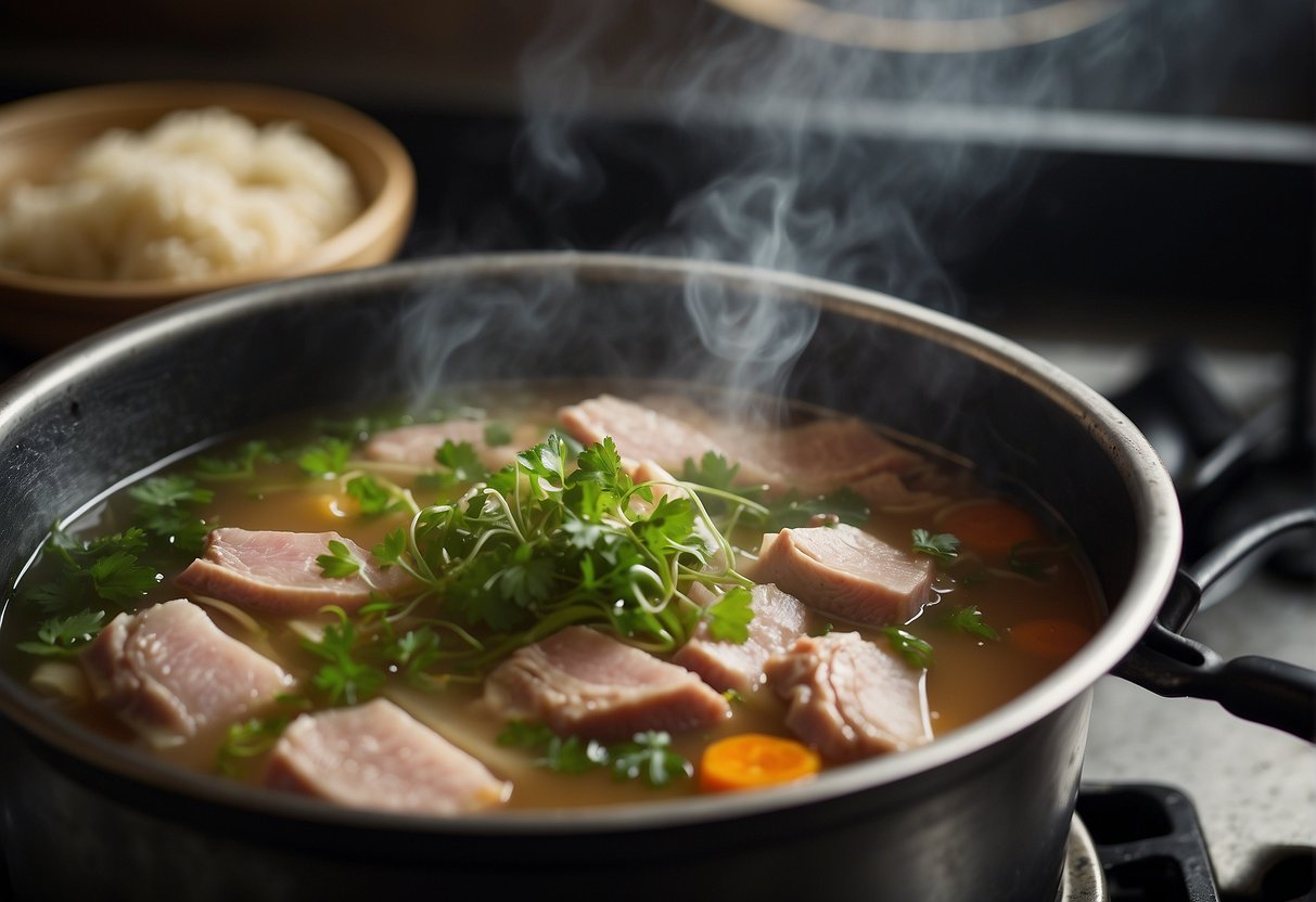 A steaming pot of Chinese pork herbal soup simmers on a stove, filled with tender meat, fragrant herbs, and swirling broth