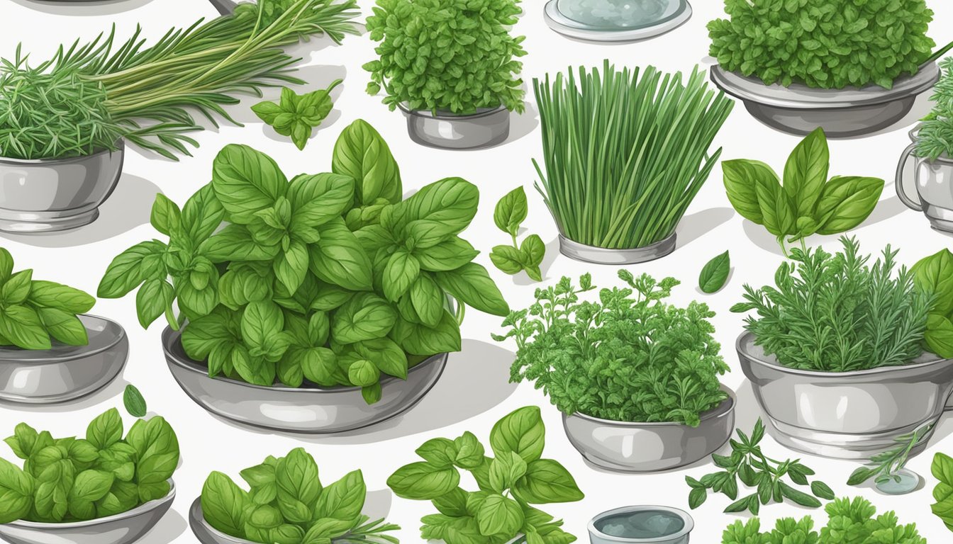 A kitchen counter adorned with a variety of fresh herbs, including basil, mint, and rosemary, ready to be used in culinary creations