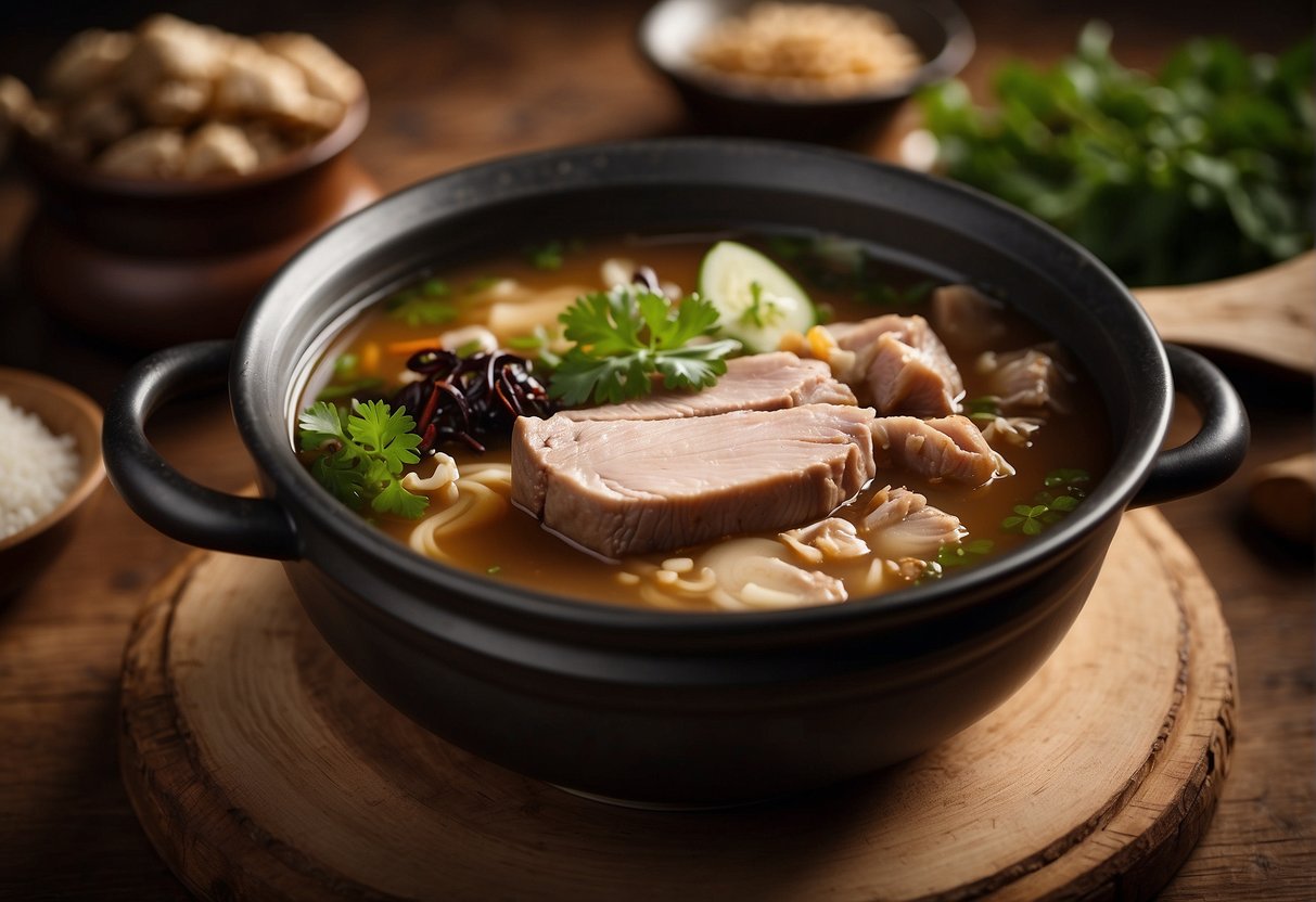 A pot of simmering Chinese pork herbal soup with essential ingredients surrounding it on a wooden table