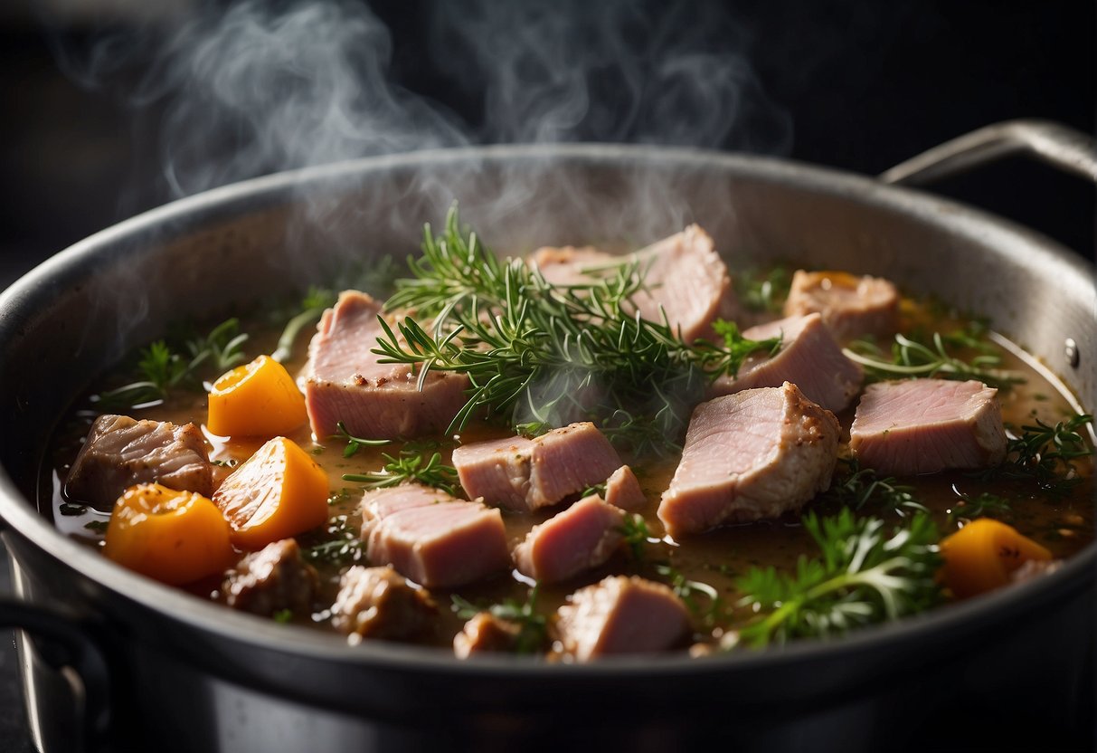 Chopped pork and herbs simmer in a large pot of boiling water. Aromatic steam rises as the ingredients meld together