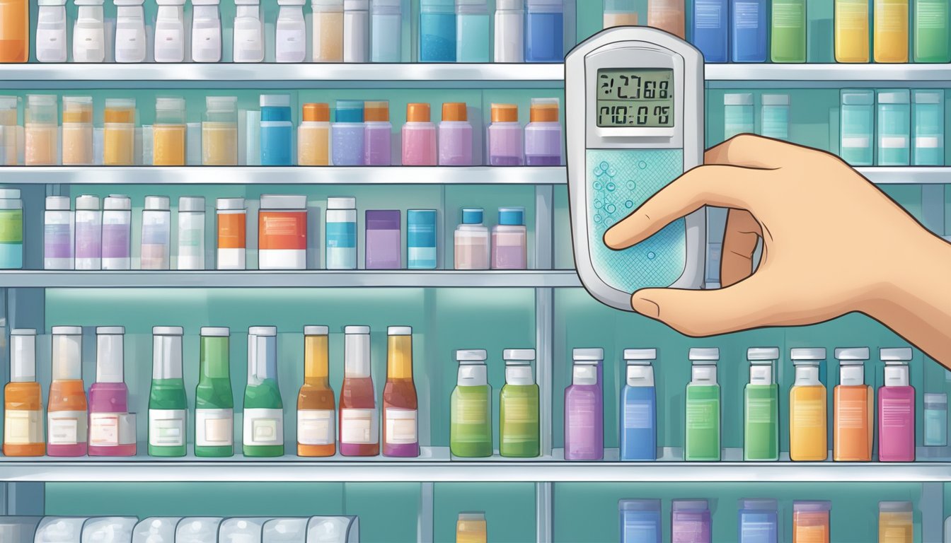 A hand reaches for a digital thermometer on a shelf in a pharmacy in Singapore