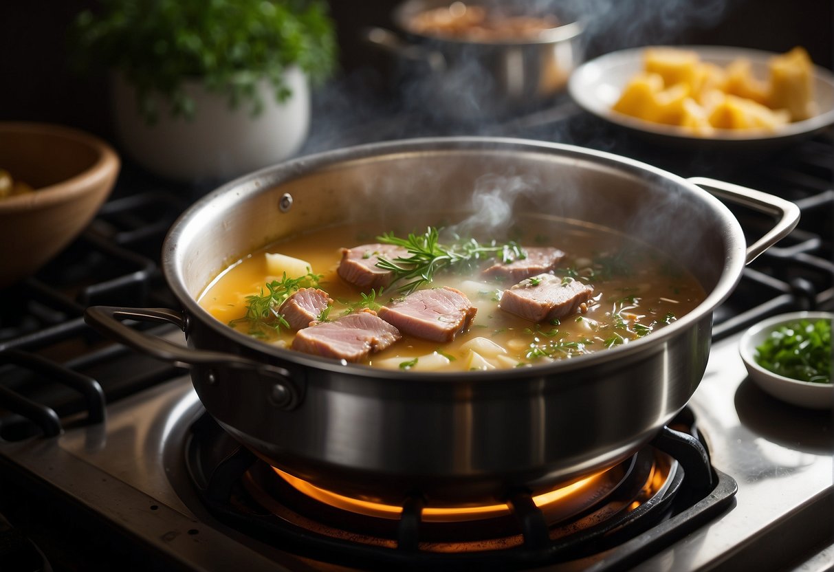 A pot simmers on a stove with pork, herbs, and broth. Steam rises as the ingredients meld together in the fragrant soup