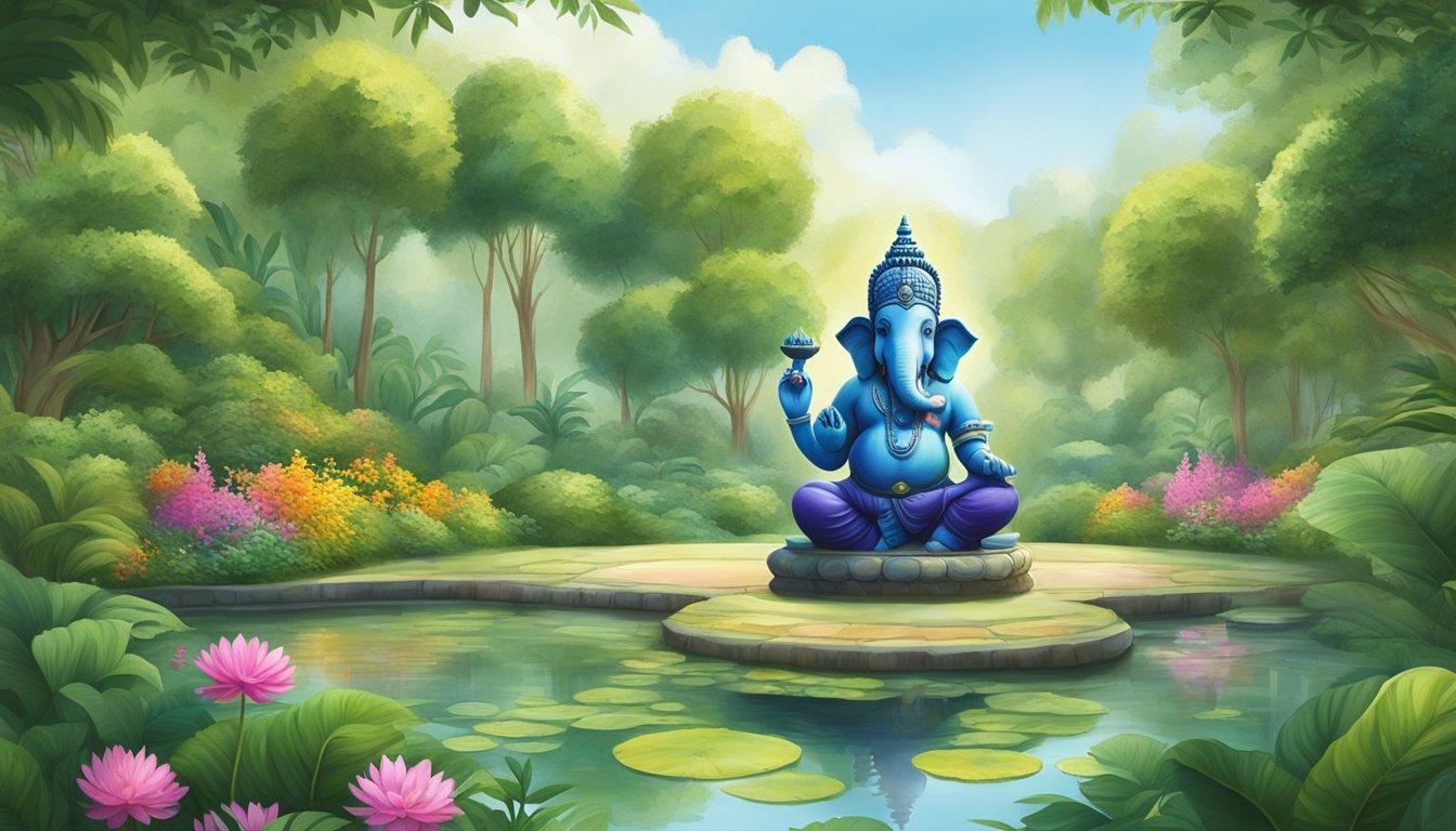 A serene garden with a tranquil pond, where a beautiful Ganesh statue stands amidst lush greenery, radiating peace and positivity