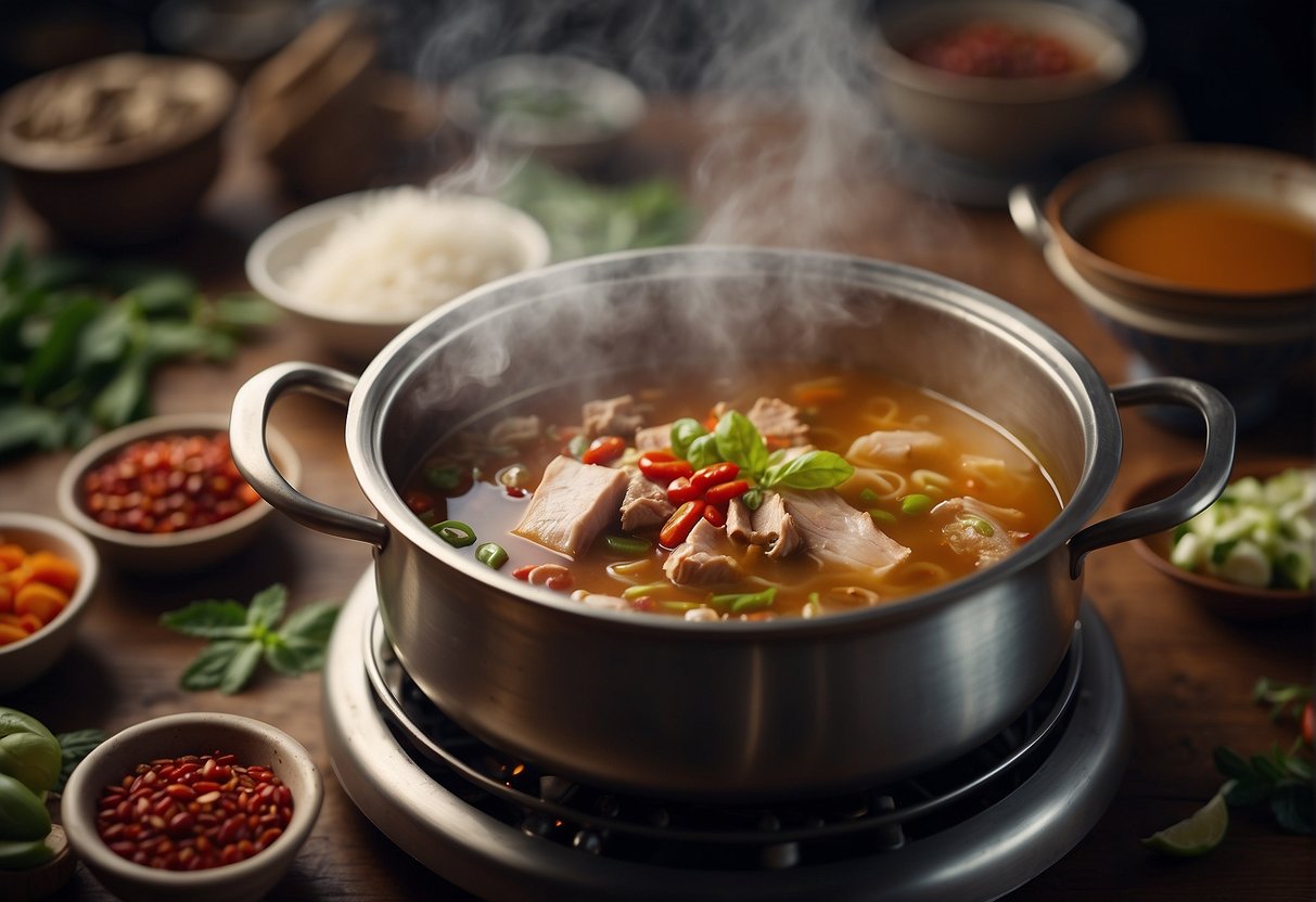 A steaming pot of Chinese pork herbal soup simmers on a stove, filled with nutritious ingredients like ginseng, goji berries, and pork ribs