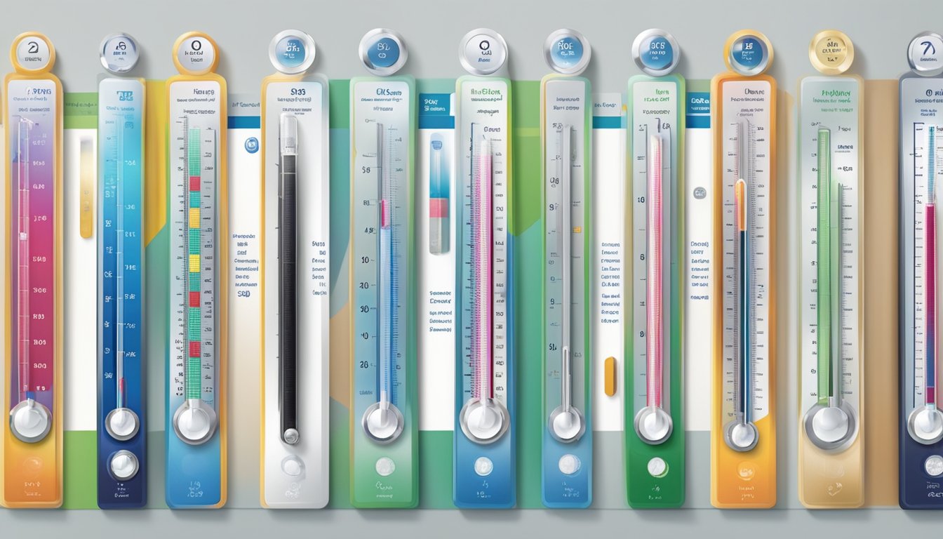 Various thermometers on display in a Singaporean store, including digital, infrared, and mercury options. Bright packaging and clear labels