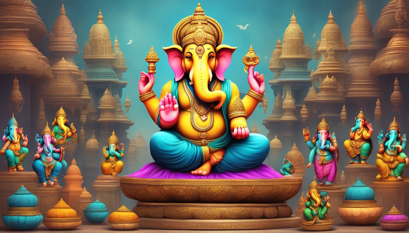 A colorful online marketplace with a variety of Ganesh statues on display, accompanied by a list of frequently asked questions