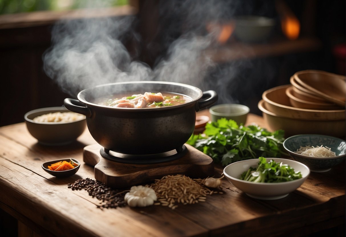 A steaming pot of Chinese pork herbal soup sits on a rustic wooden table, surrounded by fresh ingredients and traditional serving bowls