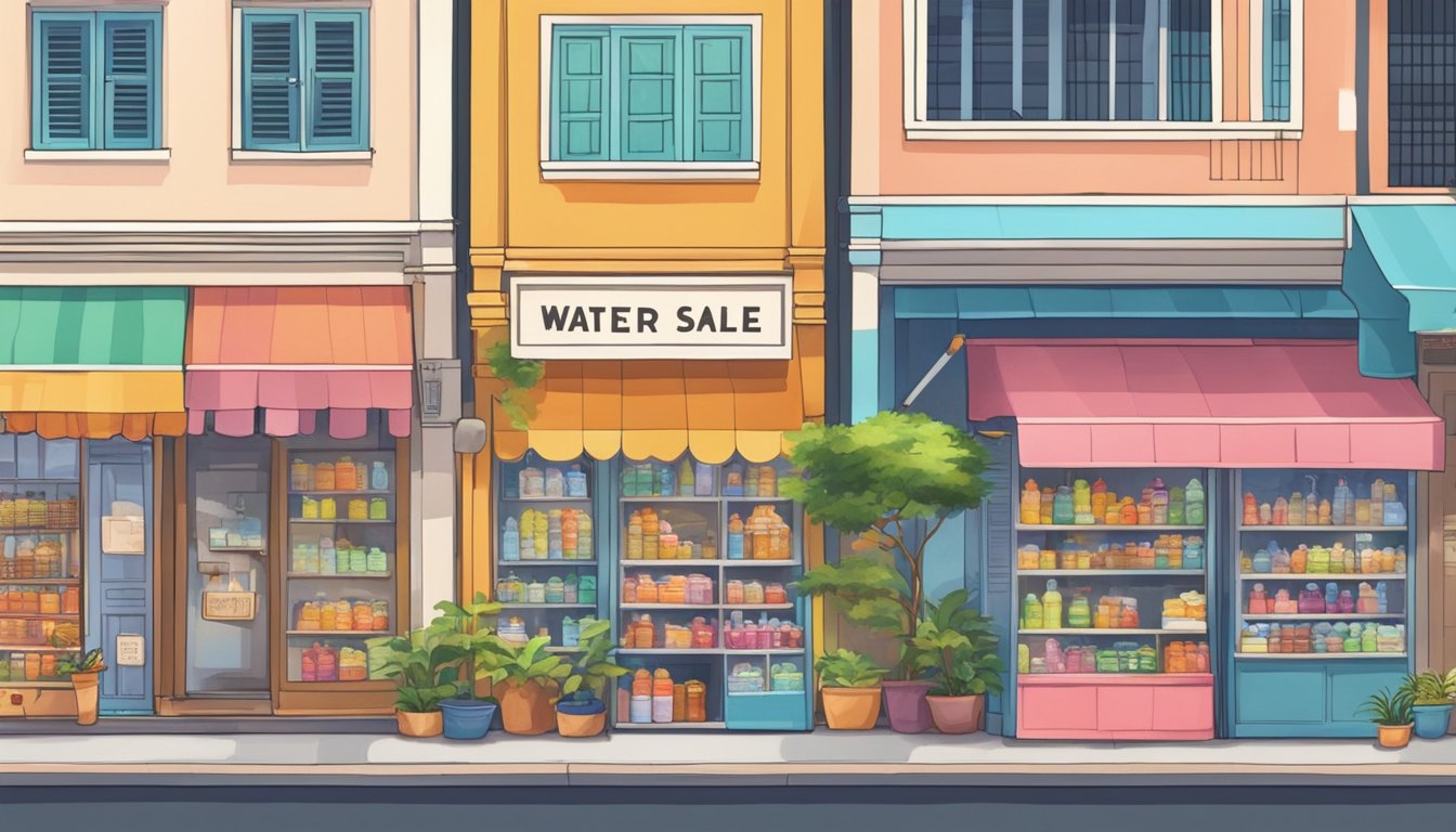 A bustling street in Singapore, with colorful storefronts and a sign reading "Water Fountains for Sale." A vendor arranges various fountains outside the shop