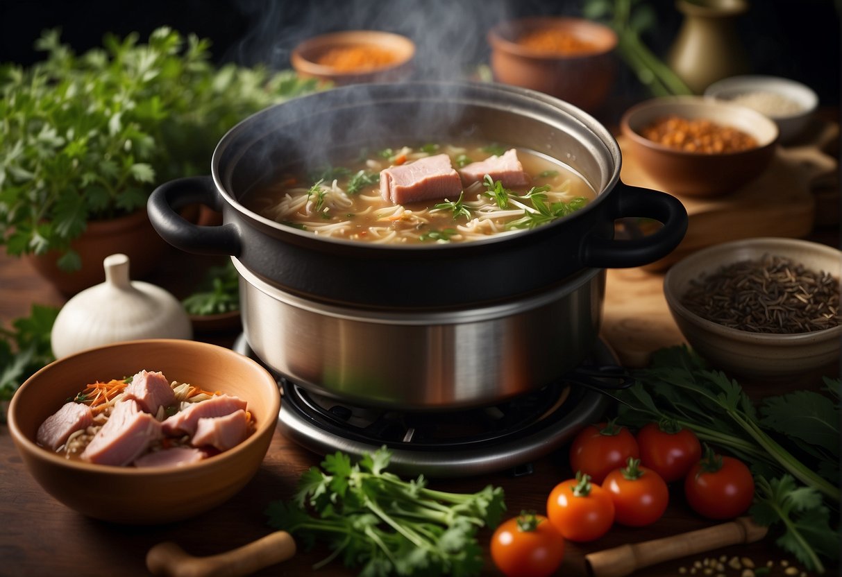 A pot of Chinese pork herbal soup simmers on a stovetop, surrounded by various herbs and spices. Steam rises from the pot, filling the kitchen with a rich, savory aroma