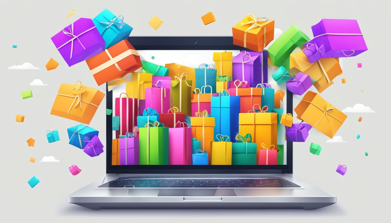 Colorful packages flying out of a laptop screen, with a "sale" banner and a shopping cart icon