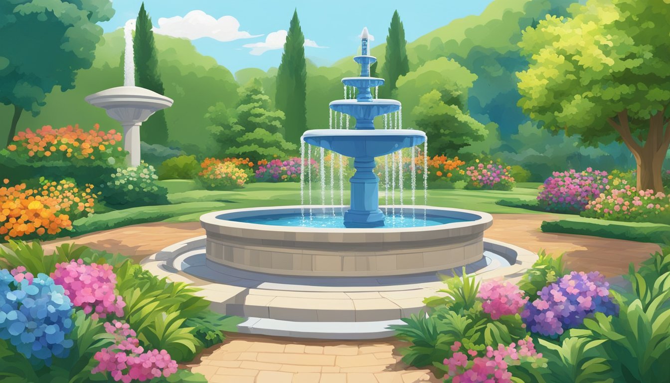 A serene garden with a variety of water fountains on display, surrounded by lush greenery and colorful flowers, set against a backdrop of a clear blue sky