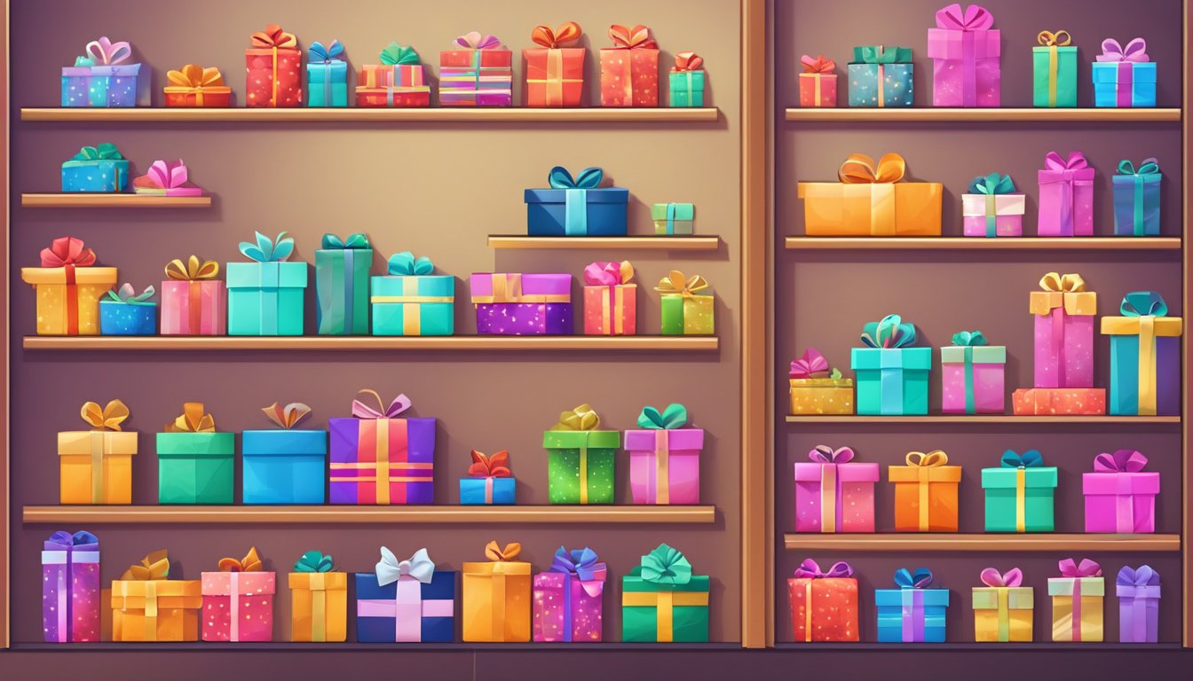 Colorful gifts displayed on shelves, with price tags and festive decorations. Online shopping website shown on a computer screen