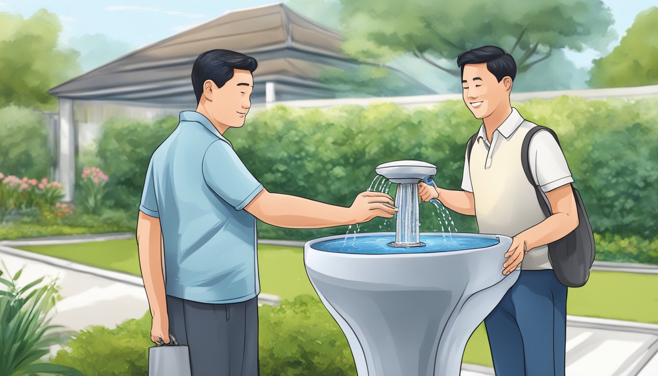 A customer effortlessly purchases a water fountain in Singapore and seamlessly installs it in their garden