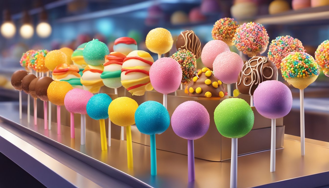 A display of colorful cake pops on a bakery counter in Singapore. Bright lights highlight the variety of flavors and toppings available for purchase