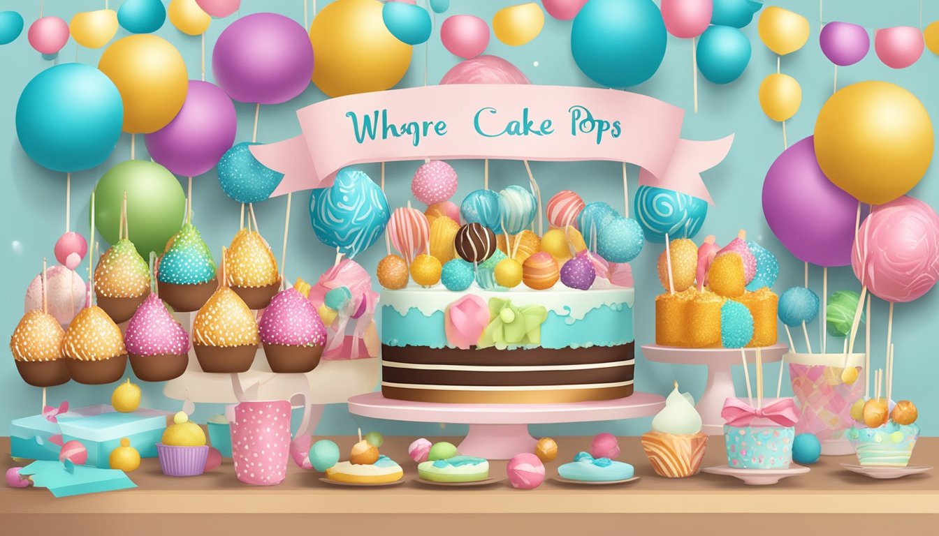 A table adorned with colorful cake pops and party decorations, with a sign indicating "Where to buy cake pops in Singapore."