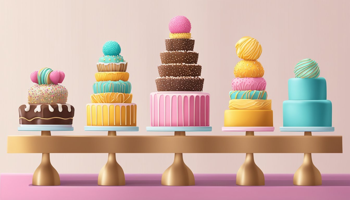 A bakery display with various flavors of cake pops arranged neatly on a tiered stand, surrounded by colorful signage and packaging