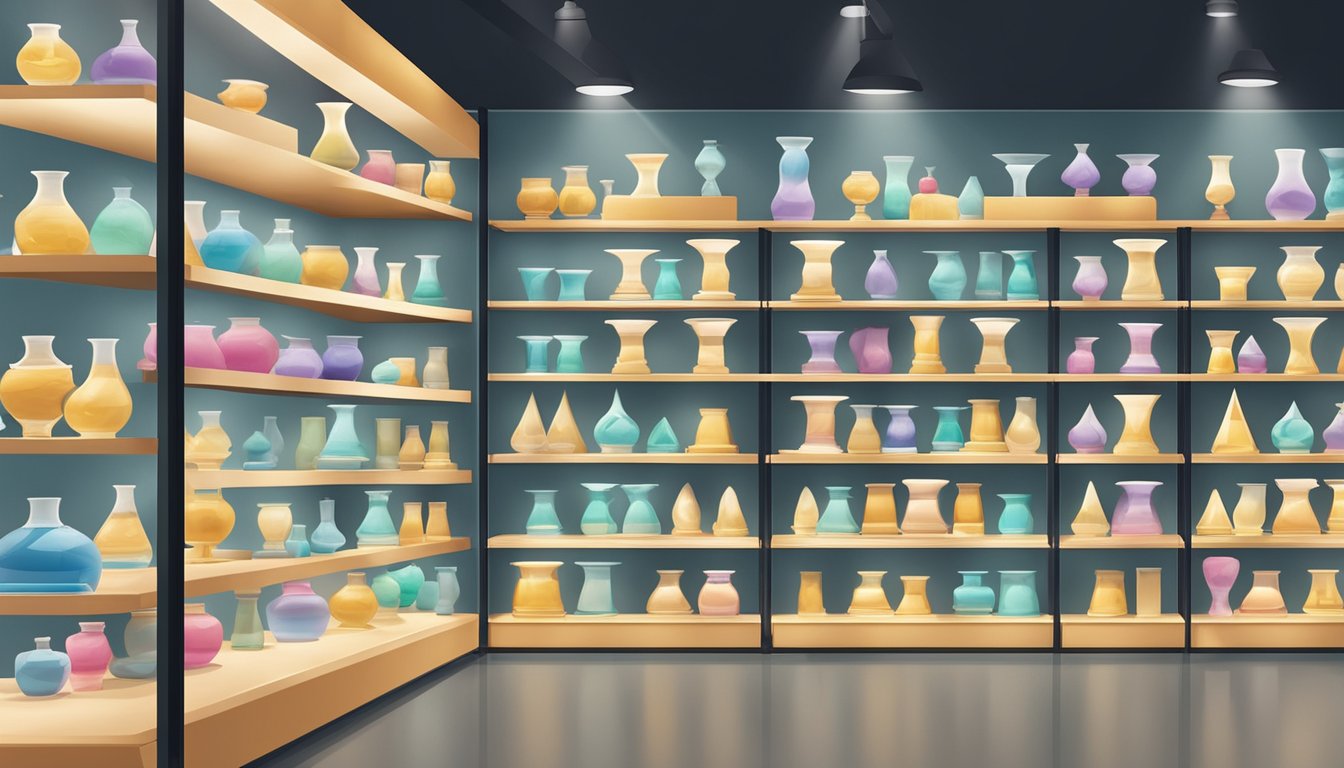 A display of hourglasses in a modern Singaporean shop, with sleek shelves and soft lighting. Various sizes and designs are showcased, with price tags visible