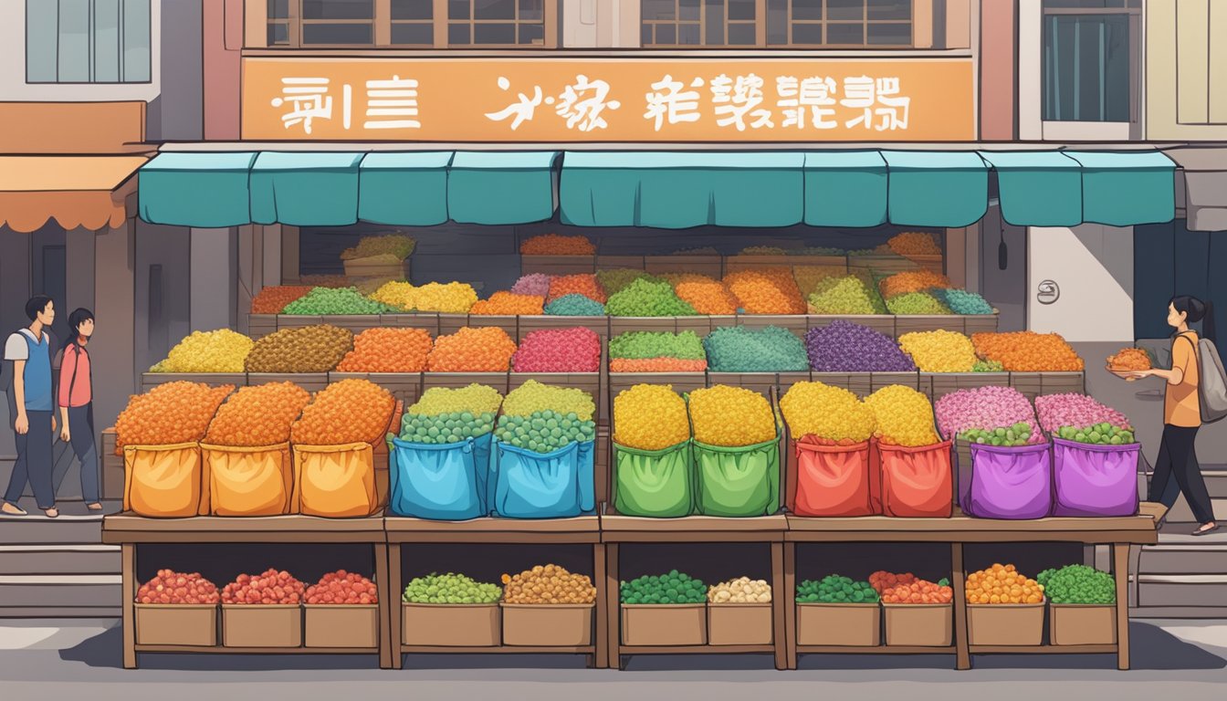 A bustling Singaporean market stall displays rows of colorful Jaga Pokkuru bags, with a sign advertising their availability for purchase