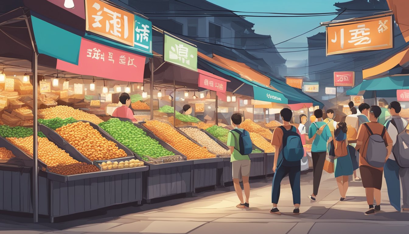 A bustling Singaporean market stall displays stacks of Jaga Pokkuru bags with a colorful sign, attracting eager customers