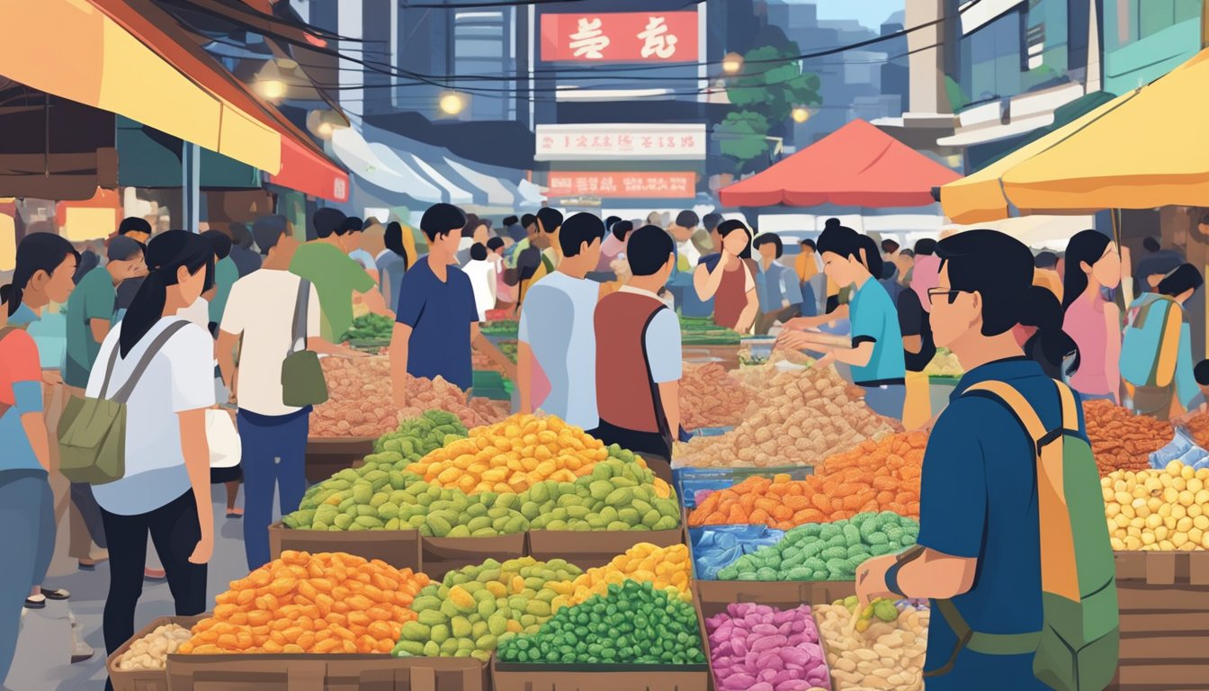 A colorful display of Jaga Pokkuru bags at a bustling Singapore market, with eager customers sampling and purchasing the popular snack