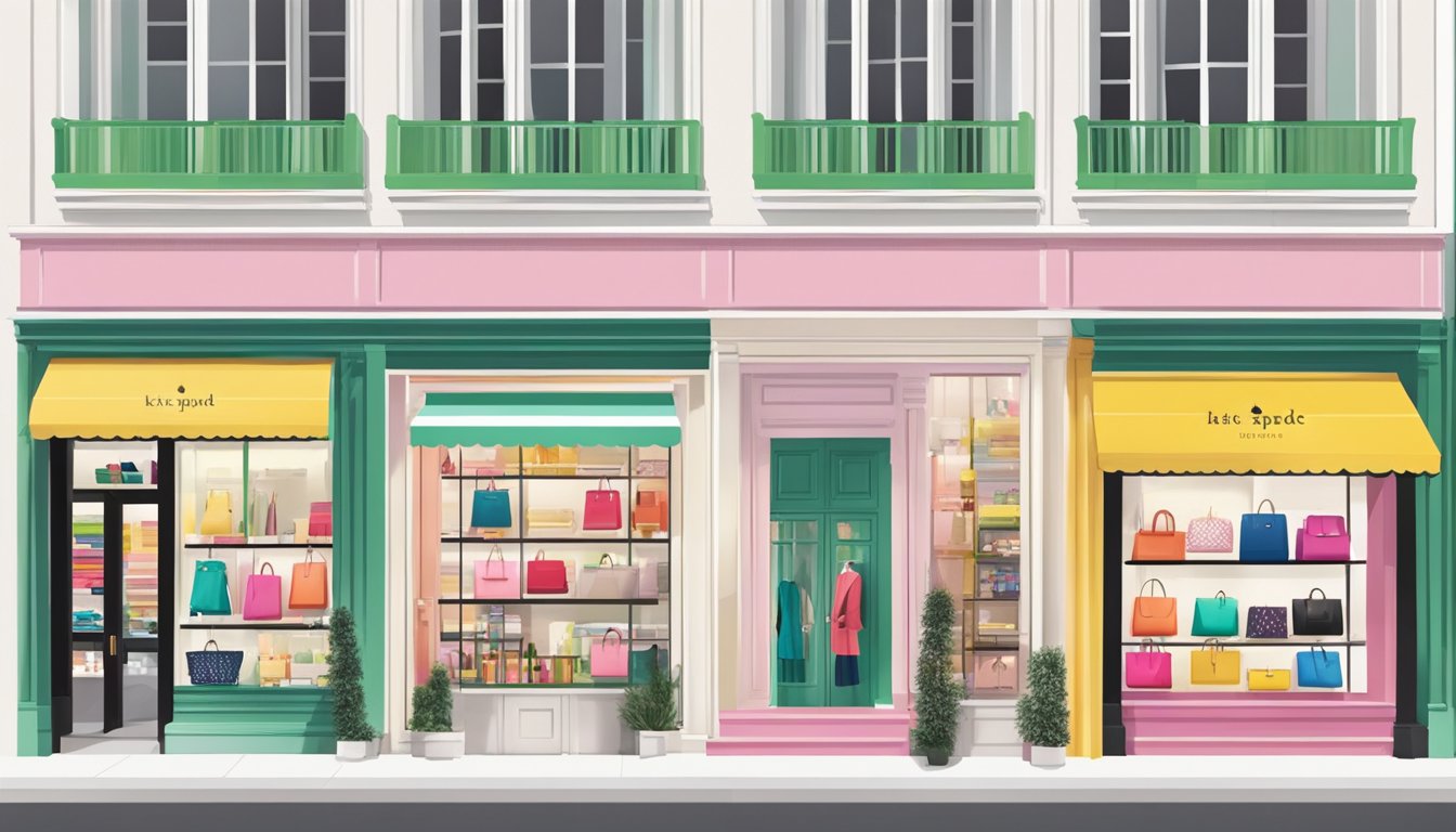 A vibrant kate spade store in a bustling Singapore shopping district, with colorful bags displayed on sleek shelves and a stylish storefront