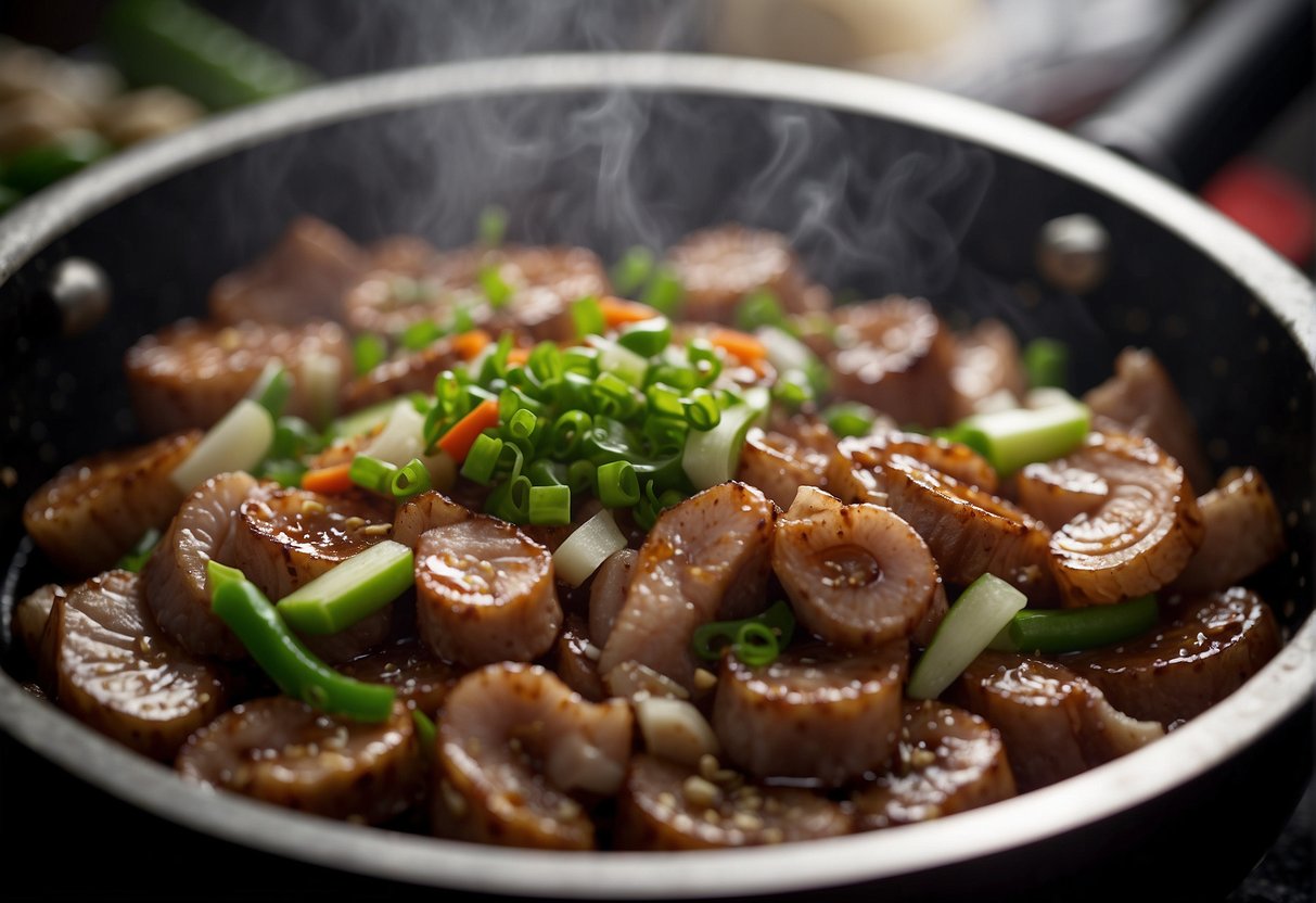 A sizzling wok cooks sliced pork intestine with garlic, ginger, and green onions, creating a savory aroma