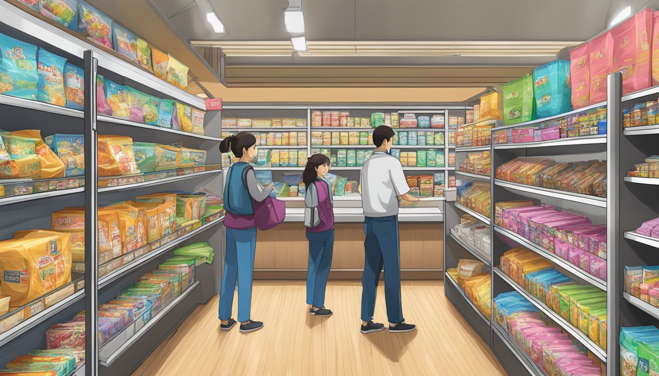 Shelves stocked with Jaga Pokkuru packets, customers browsing, cashier at the counter