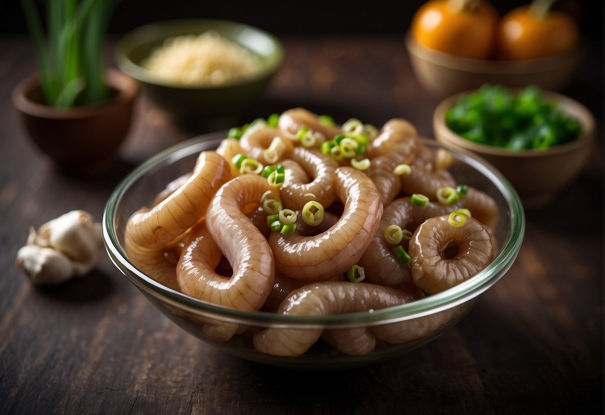 Pork intestine submerged in soy sauce, ginger, and spices in a glass bowl. Garlic and green onions scattered around